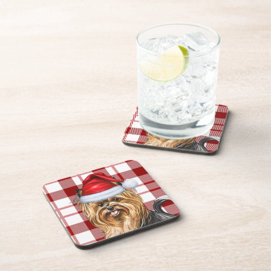 Winter Biewer Terriër Hond Vakantie Rood Plaid Bier Onderzetter (Rechterzijde)