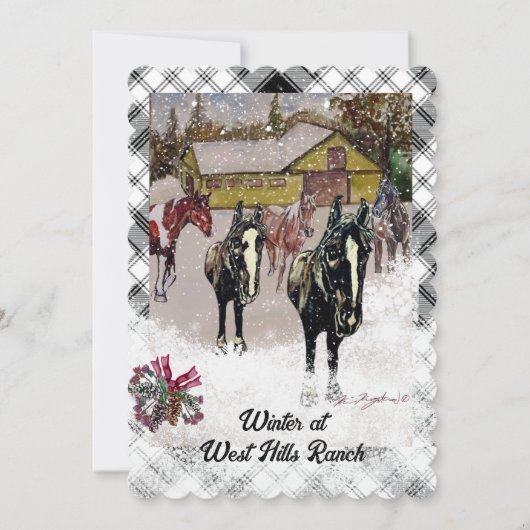 Winter bij West Hills Boerderij 2 zwarte paarden Feestdagenkaart (Voorkant)
