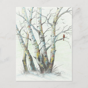 Winter Birches gekleurd potlood Art Briefkaart
