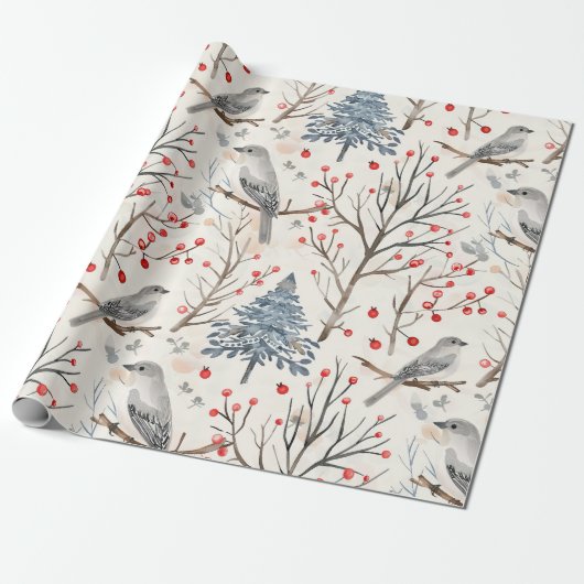 Winter Bird Christmas Wrapping Paper Cadeaupapier (Uitgerold)