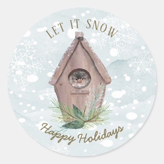Winter Bird Let it Snow Holiday Round Seal Sticker (Voorkant)