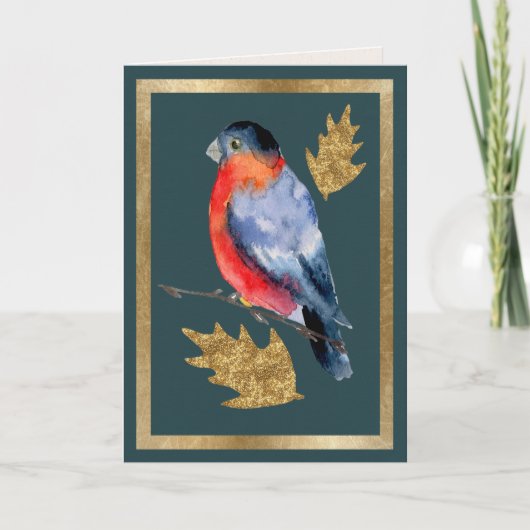 Winter Bird met Golden Holly Leaves Card Kaart (Voorkant)