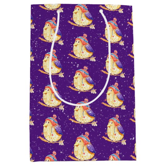 Winter Bird op Paars Medium Cadeauzakje (Voorkant)