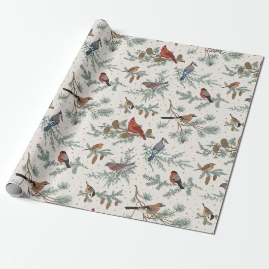 Winter Bird Pattern Gift Wrapping Paper Cadeaupapier (Uitgerold)