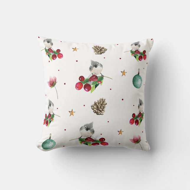 Winter Bird Tufted Titmouse Kerstmispatroon Kussen (Voorkant)