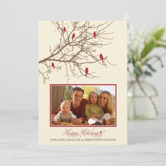 Winter Birds Family Holiday Card (maroon) Feestdagenkaart (Staand voorkant)