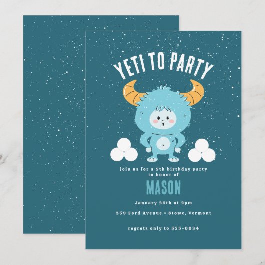 Winter Birthday Blue Boy Snow "Yeti to Party" Kaart (Voorkant / Achterkant)