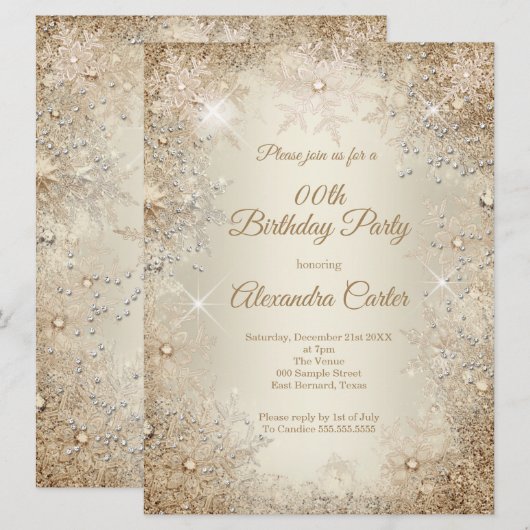 Winter Birthday Party Beige Cream Gold Snowflake Kaart (Voorkant / Achterkant)