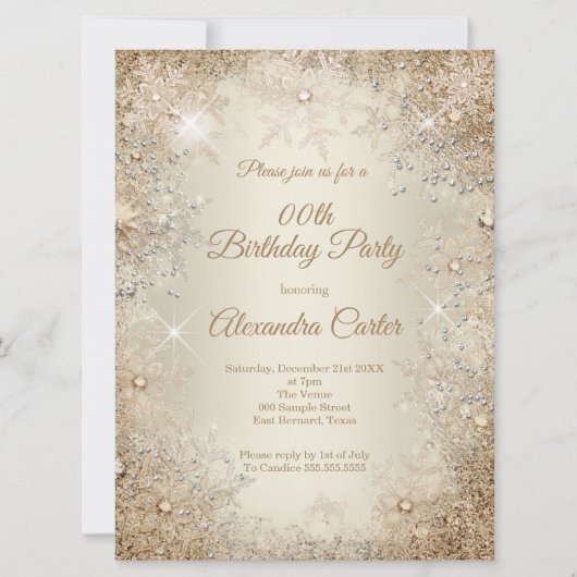 Winter Birthday Party Beige Cream Gold Snowflake Kaart (Voorkant)