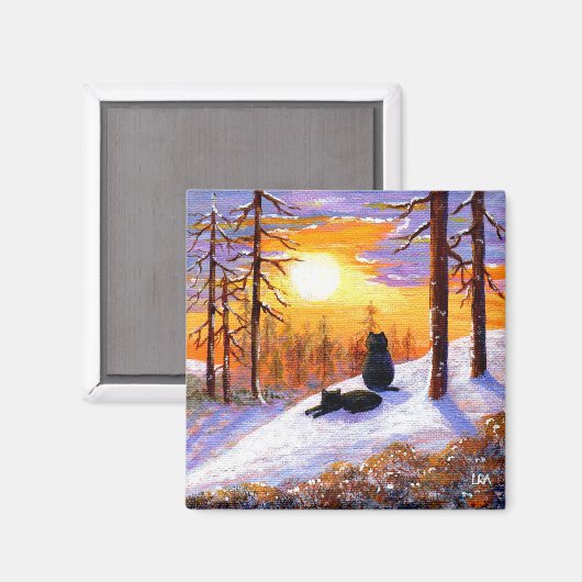 Winter Black Cats Snowy Forest Creationarts Magneet (Voorkant / Achterkant)