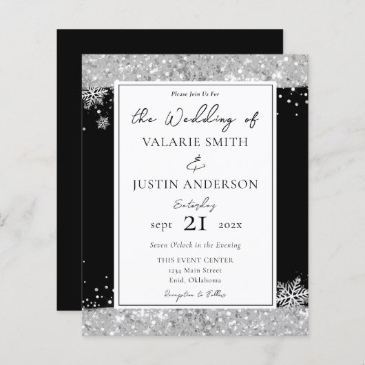 Winter Black en Silver Glitter Wedding Invitation (Voorkant / Achterkant)