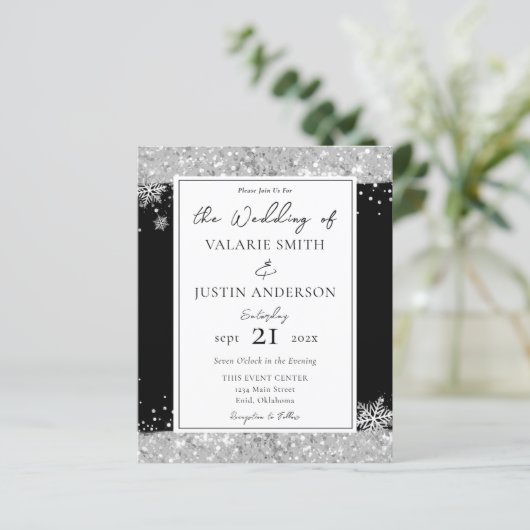 Winter Black en Silver Glitter Wedding Invitation (Staand voorkant)