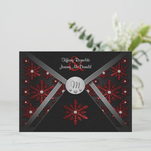 Winter Black & Red Snowflake Wedding Invitations Kaart (Staand voorkant)