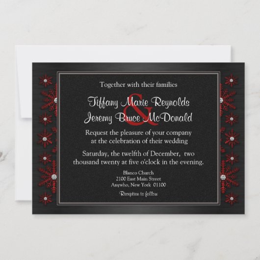 Winter Black & Red Snowflake Wedding Invitations Kaart (Achterkant)