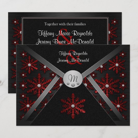 Winter Black & Red Snowflake Wedding Invitations Kaart (Voorkant / Achterkant)