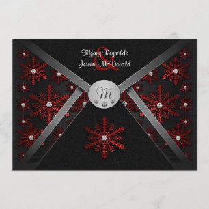 Winter Black & Red Snowflake Wedding Invitations Kaart