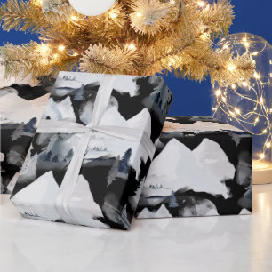 Winter Black White Mountain Deer Pine Waterverf Cadeaupapier