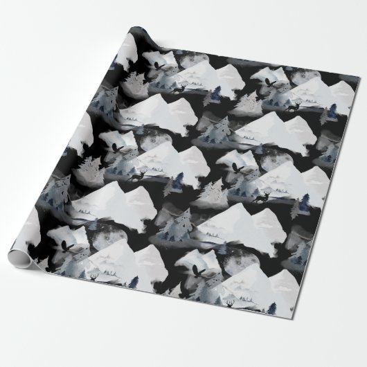Winter Black White Mountain Deer Pine Waterverf Cadeaupapier (Uitgerold)