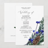 Winter Blau Besjes & Dennen Groene Huwelijksfeest Kaart (Voorkant / Achterkant)