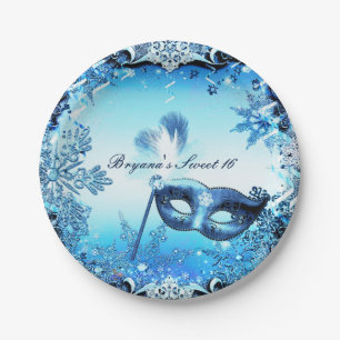 Winter Blau Carnaval Masker & Sneeuwvlokken Elegan Papieren Bordje