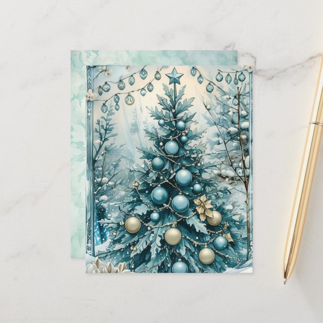 Winter Blau Kerstboom Scrapbook Papier (Voorkant / Achterkant in situ)