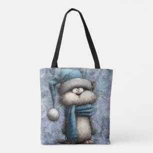 Winter Blau Kerstmis Kat Met Hoed En Sjaal Tote Bag