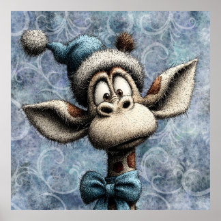 Winter Blau Kerstmis Schattige Giraf Met Hoed Poster