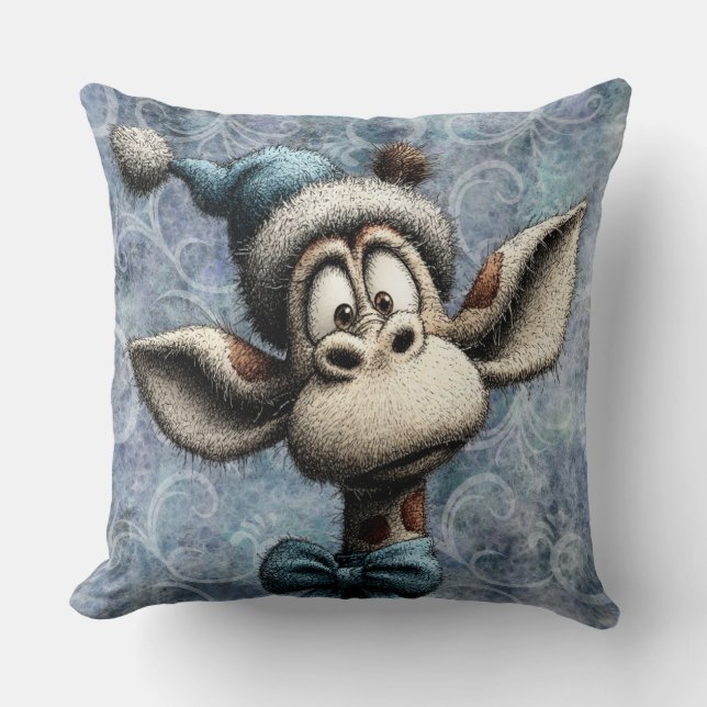 Winter Blau Kerstmis Schattige Giraffe Met Hoed Kussen (Voorkant)