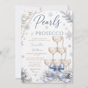 Winter Blau Lint Parels & Prosecco Bruidsfeest Kaart