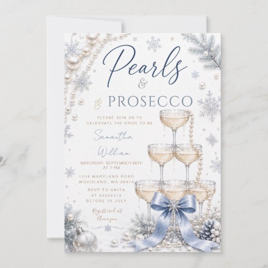 Winter Blau Lint Parels & Prosecco Bruidsfeest Kaart (Voorkant)