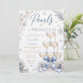 Winter Blau Lint Parels & Prosecco Bruidsfeest Kaart (Staand voorkant)