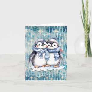 Winter Blau Watercolor Pinguïns Met Sjaals Kaart