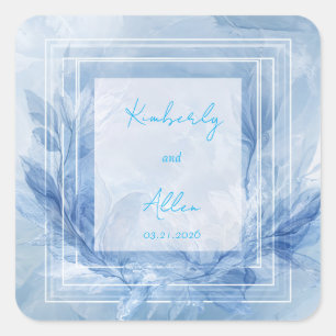 Winter Blauw Aquarel Marmerblad Vierkant Trouwfees Vierkante Sticker