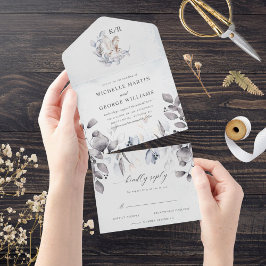 Winter Blauw Elegante Waterverf Bloemen Huwelijk All In One Uitnodiging