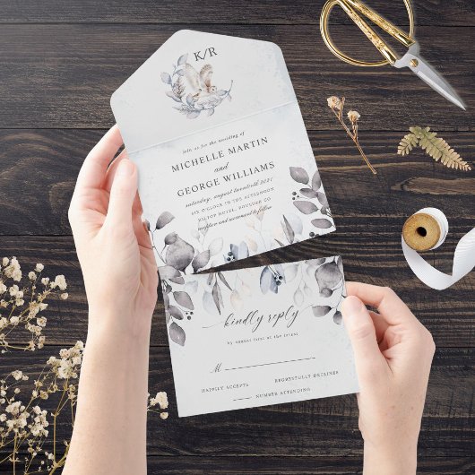 Winter Blauw Elegante Waterverf Bloemen Huwelijk All In One Uitnodiging