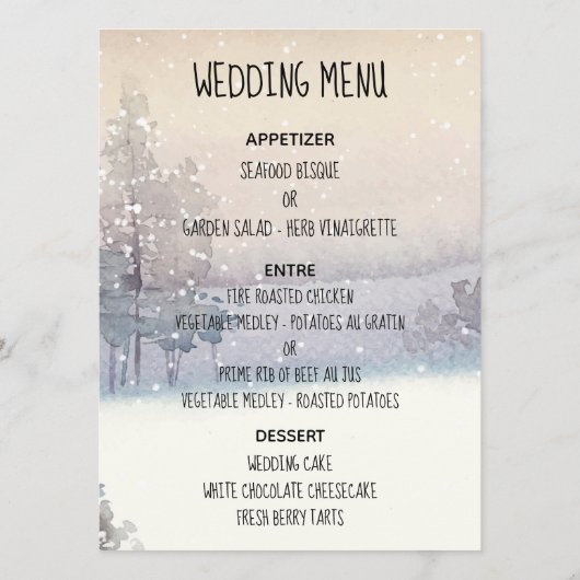 Winter blauw en wit bruiloft menu (Achterkant)