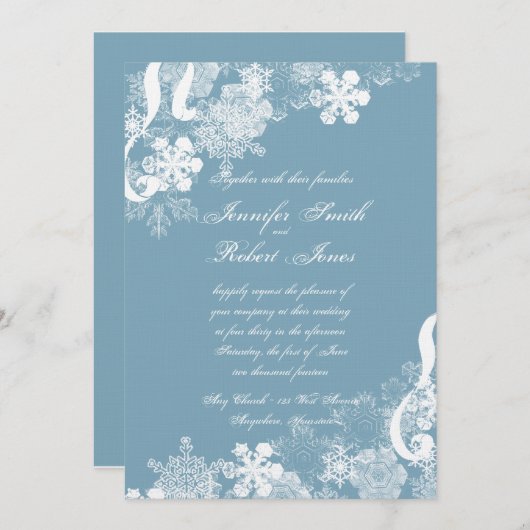 Winter Blauw en Wit Sneeuwvlok Bruiloft Uitnodigin Kaart (Voorkant / Achterkant)
