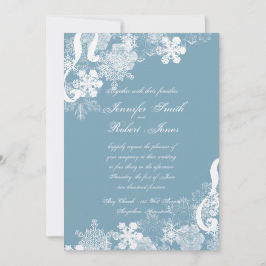 Winter Blauw en Wit Sneeuwvlok Bruiloft Uitnodigin Kaart (Voorkant)