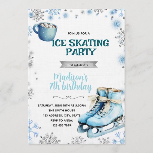 Winter blauw en zilver schaatsuitnodiging kaart (Voorkant)