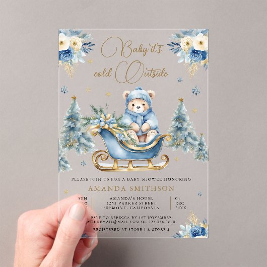 Winter Blauw Goud Bloemen Teddybeer Baby shower Acryl Uitnodigingen (Insitu (Draagbaar))