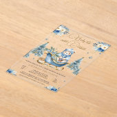 Winter Blauw Goud Bloemen Teddybeer Baby shower Acryl Uitnodigingen (Laagn)