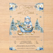 Winter Blauw Goud Bloemen Teddybeer Baby shower Acryl Uitnodigingen (Voorkant)