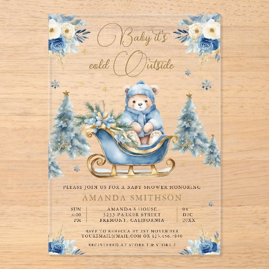 Winter Blauw Goud Bloemen Teddybeer Baby shower Acryl Uitnodigingen (Voorkant)
