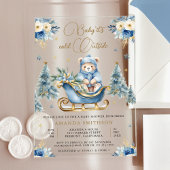 Winter Blauw Goud Bloemen Teddybeer Baby shower Acryl Uitnodigingen