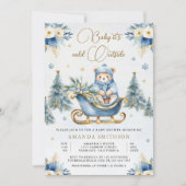 Winter Blauw Goud Bloemen Teddybeer Baby shower Kaart (Voorkant)