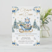Winter Blauw Goud Bloemen Teddybeer Baby shower Kaart (Staand voorkant)
