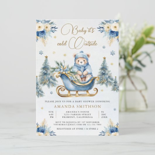 Winter Blauw Goud Bloemen Teddybeer Baby shower Kaart (Staand voorkant)