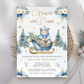 Winter Blauw Goud Bloemen Teddybeer Baby shower Kaart