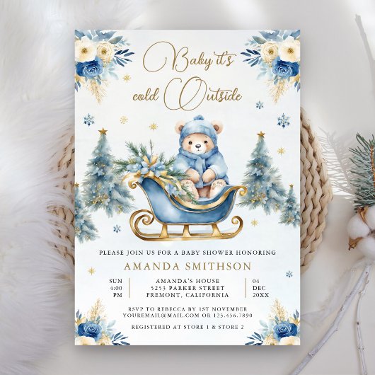Winter Blauw Goud Bloemen Teddybeer Baby shower Kaart