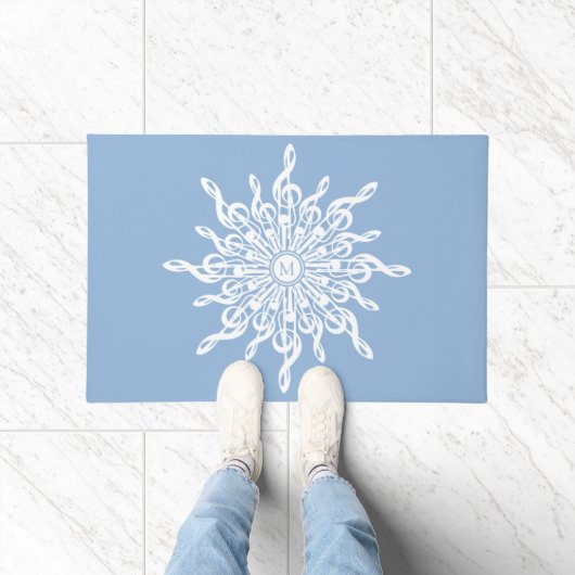Winter Blauw Ornamental Monogram G-Clef Sneeuwvlok Deurmat (Binnen)